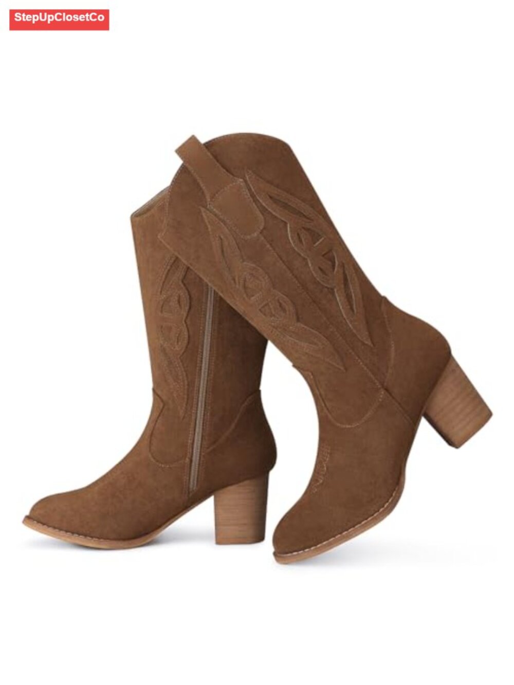 Suede Mid Calf Cowboy Boots Pointed Toe Chunky Heel Western Embroidered - Picture 5 of 6